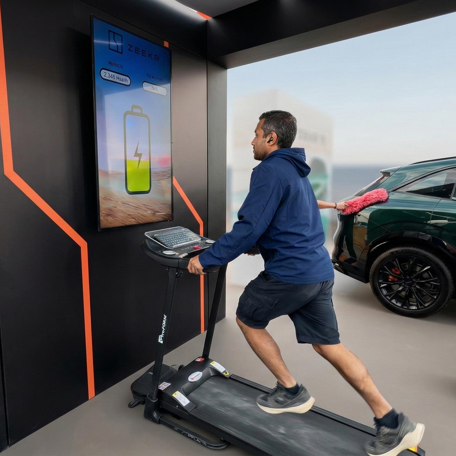 Interactive Treadmill Activation in Dubai: Participants generating human power to recharge EV cars